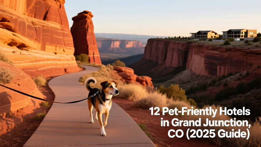 Scenic view of Grand Junction, Colorado with red rock formations and a dog walking along a paved trail