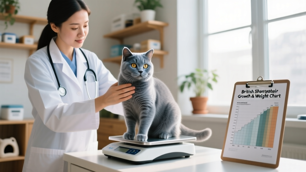 Veterinarian gently weighing a British Shorthair on a scale during a wellness check, emphasizing responsible monitoring of growth