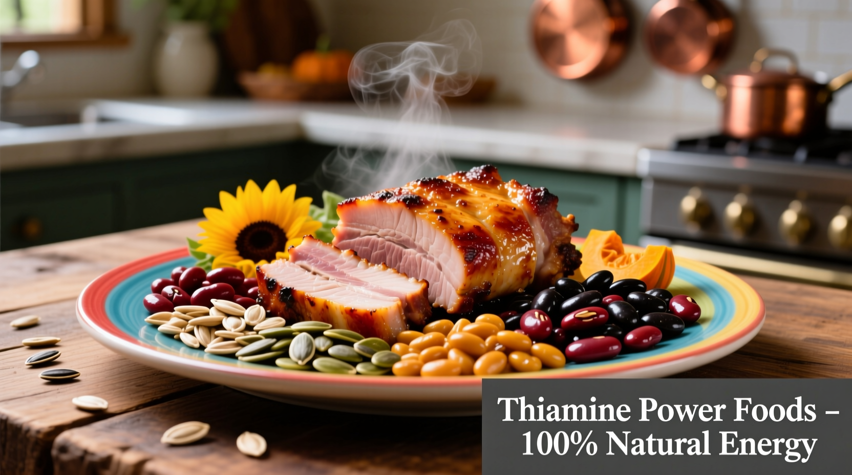 Colorful plate of thiamine-rich foods including pork, seeds, and beans