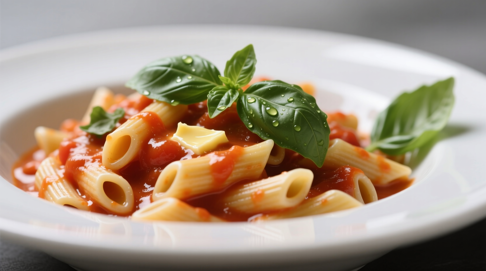 Creamy tomato macaroni in white bowl with fresh basil garnish