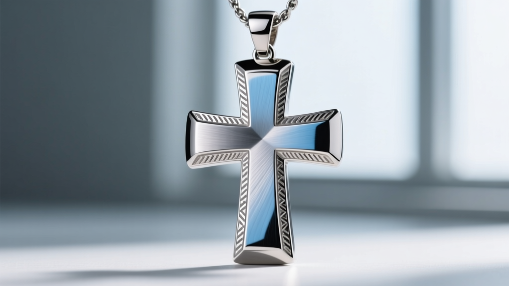 Macro shot of a titanium cross pendant showing micro-machining marks and a high-polish bevel against a brushed satin center.