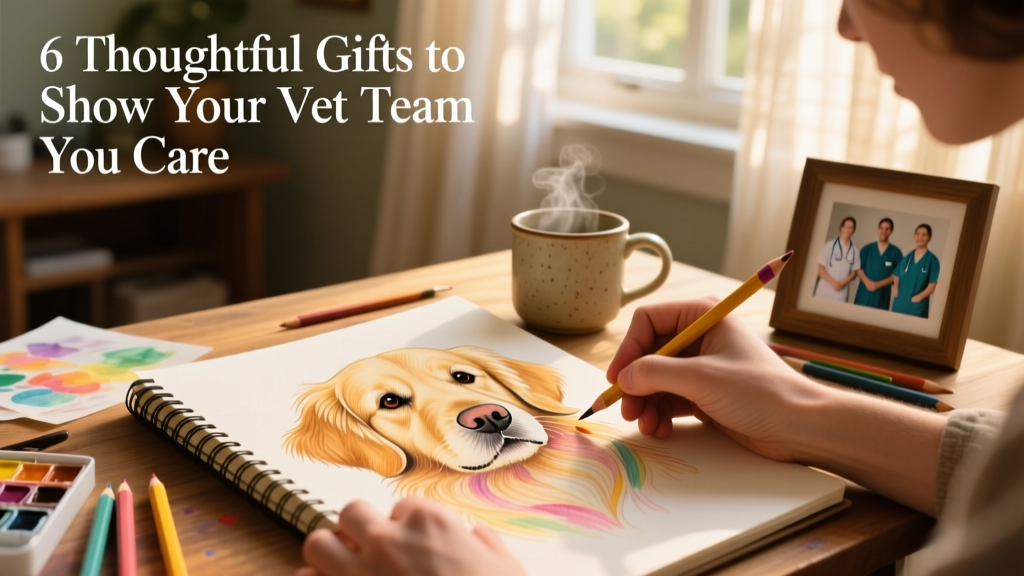 Close-up of hands coloring a detailed illustration of a golden retriever in a relaxing, sunlit setting
