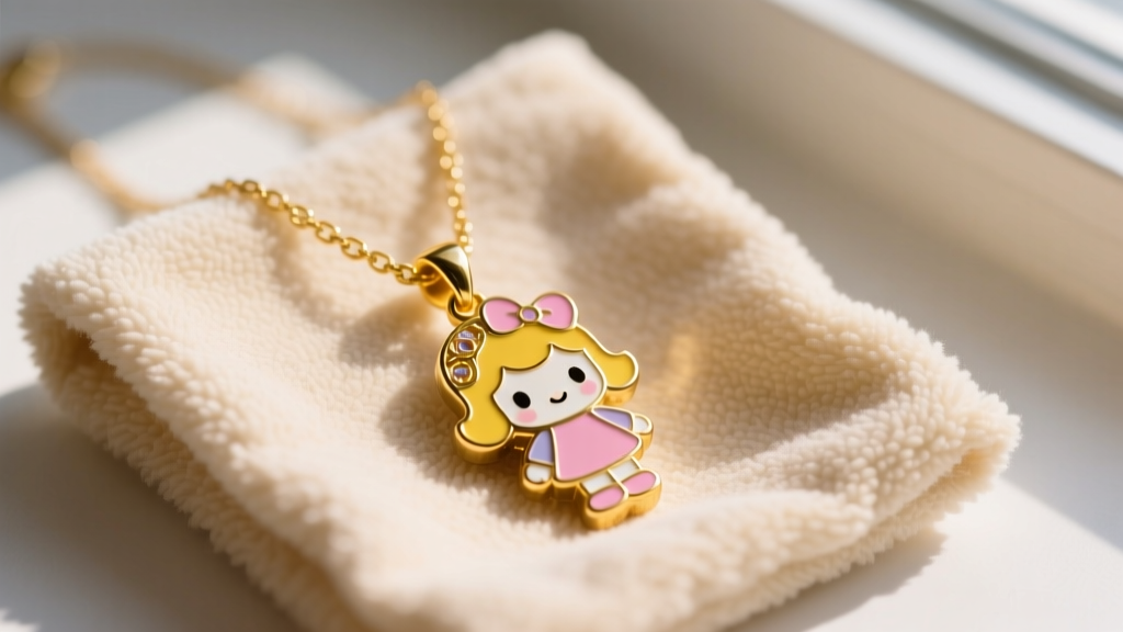 Close-up of a vintage 1970s gold-plated Holly Hobbie character pendant necklace resting on a soft beige microfiber cleaning cloth.