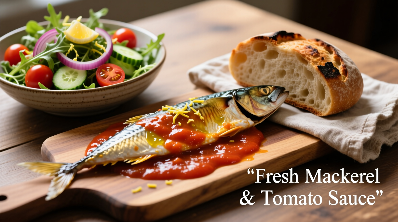 Mackerel in tomato sauce served with crusty bread and salad