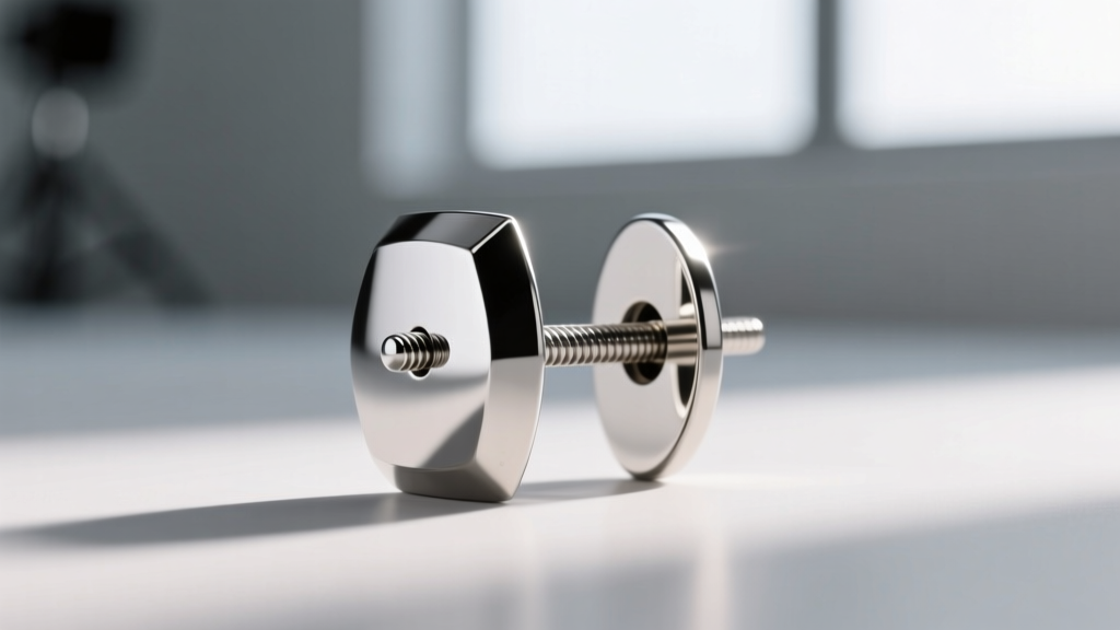 Macro shot of an ASTM F136 titanium flat-back earring post, highlighting the mirror polish and threadless pin mechanism.