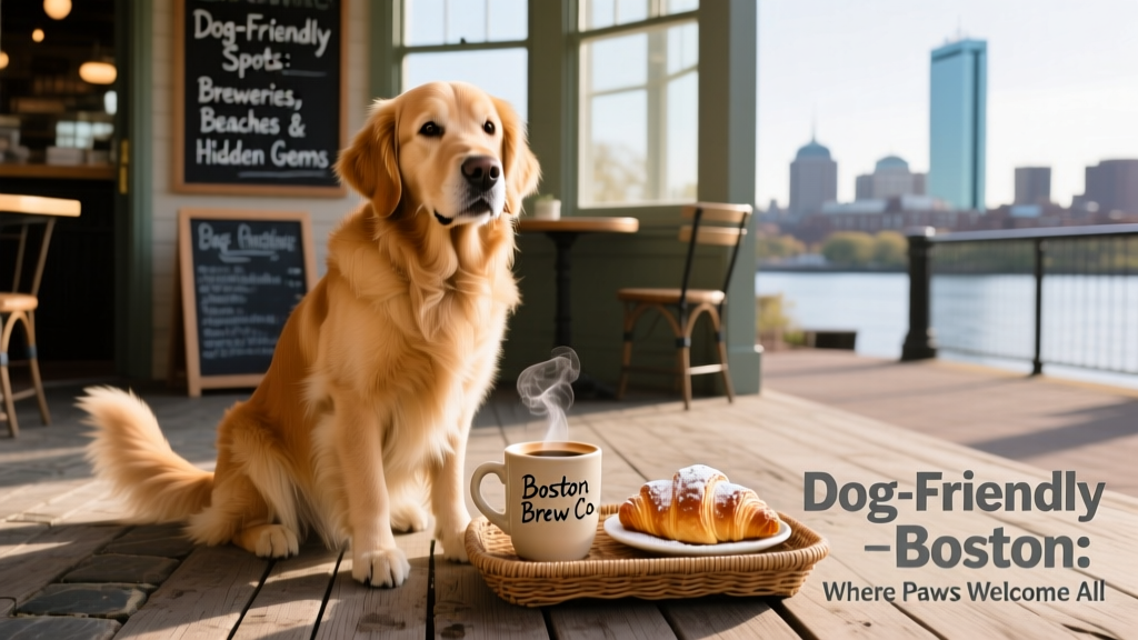 A golden retriever sitting happily on a sunny patio beside a coffee cup and fresh pastry at a Boston café