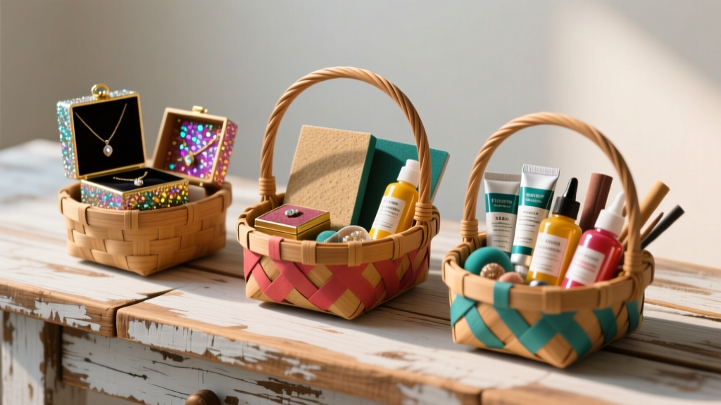 Three DIY gift baskets filled with jewelry box paint, sandpaper, primer, and sealants arranged neatly on a rustic wood surface
