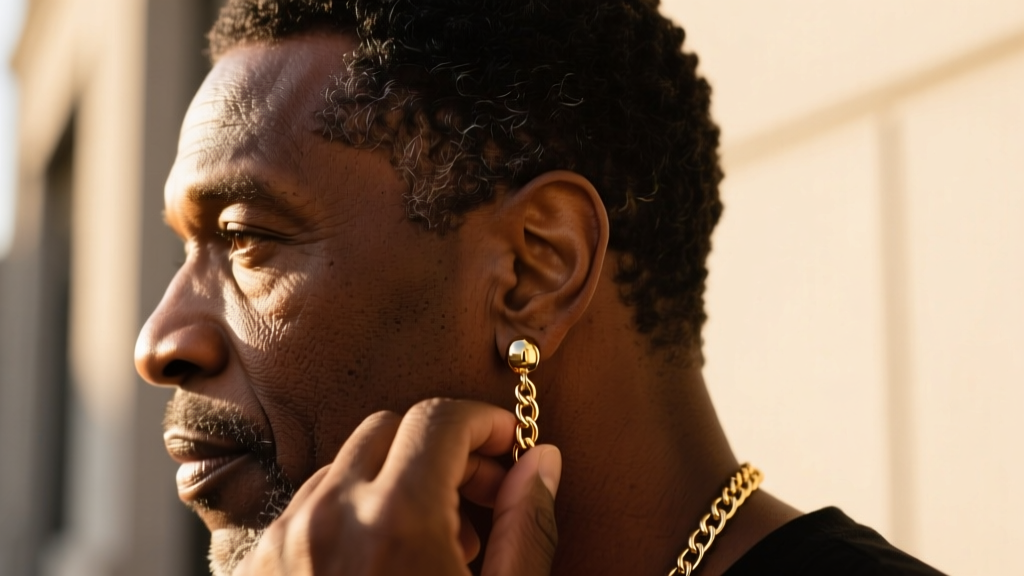 Profile of a man adjusting a 14k gold chain dangle earring, warm sunlight highlighting the polished metal finish and ear texture.