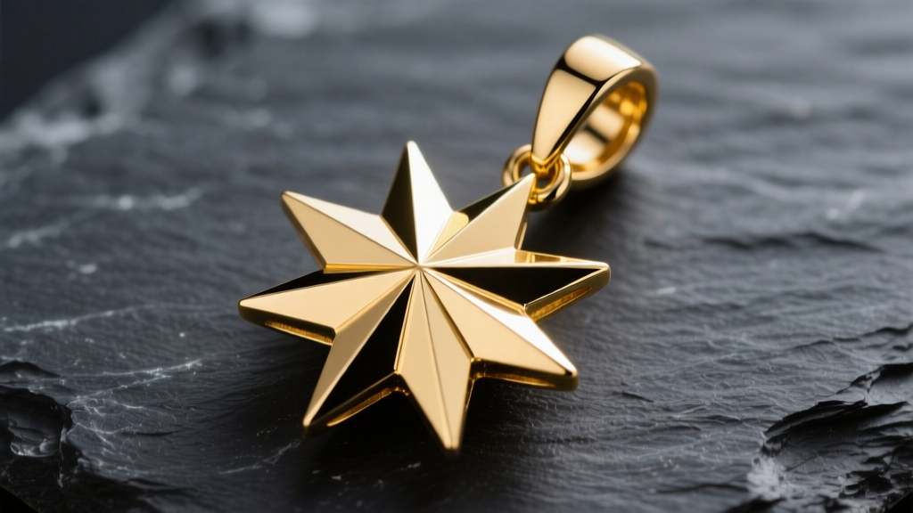 Macro photo of 18k yellow gold starburst gold necklace pendant on dark slate, highlighting sharp geometric rays and polished bail.
