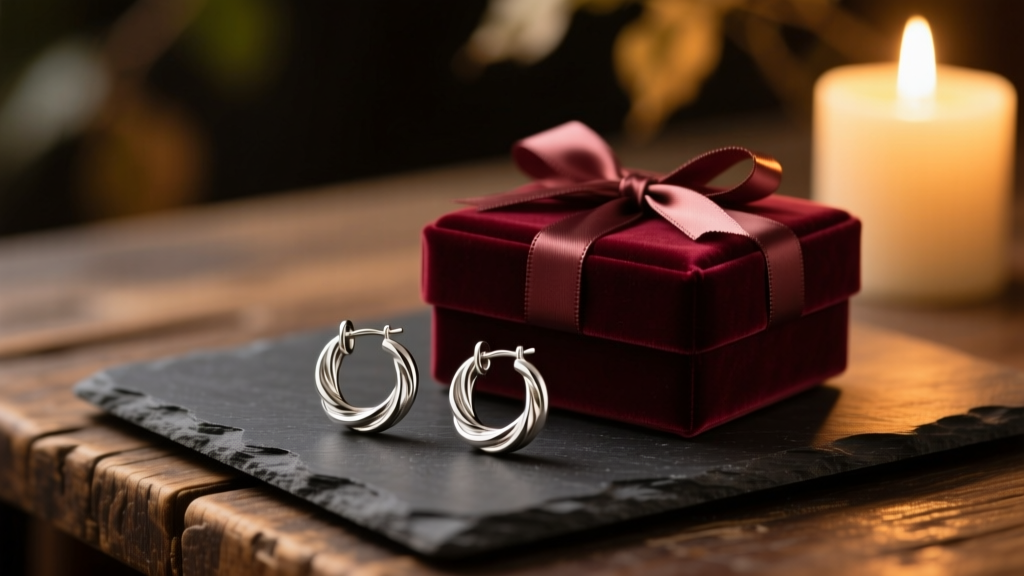 Silver twist hoop earrings on dark slate next to a velvet gift box, illuminated by warm candlelight in a moody setting.