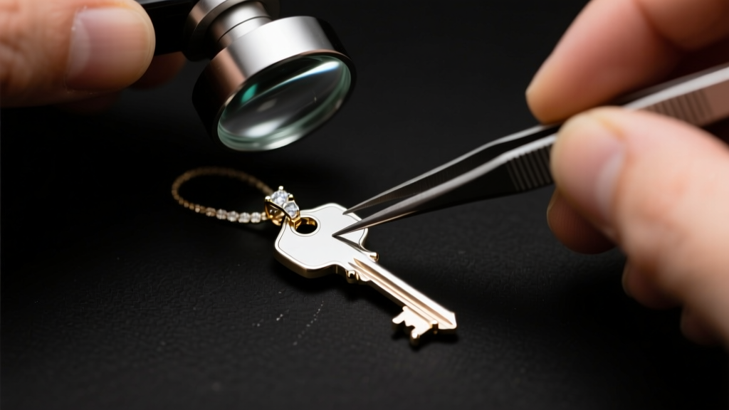 Jeweler inspecting rhodium plating on a white gold key pendant with precision tools under bright, focused jeweler bench lighting.