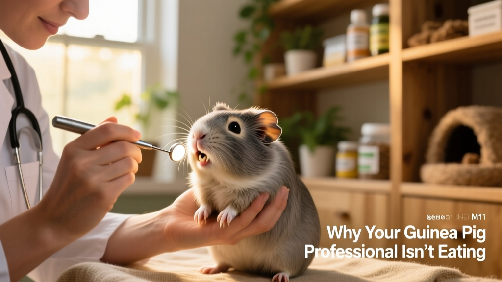 Veterinarian gently examining a guinea pig’s mouth with a small light and instrument