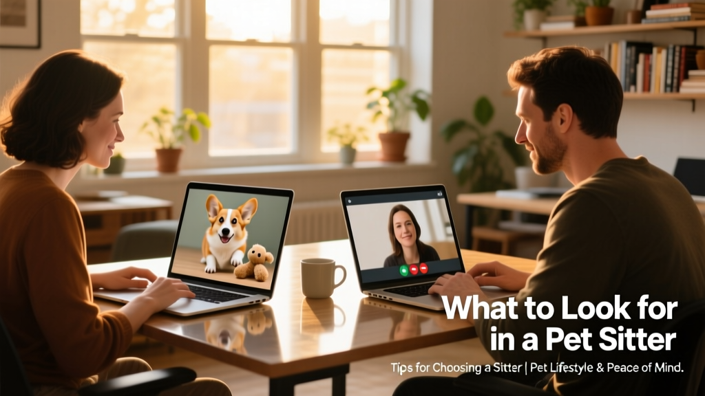 Two people video-calling on laptops, with a small dog visible on one screen