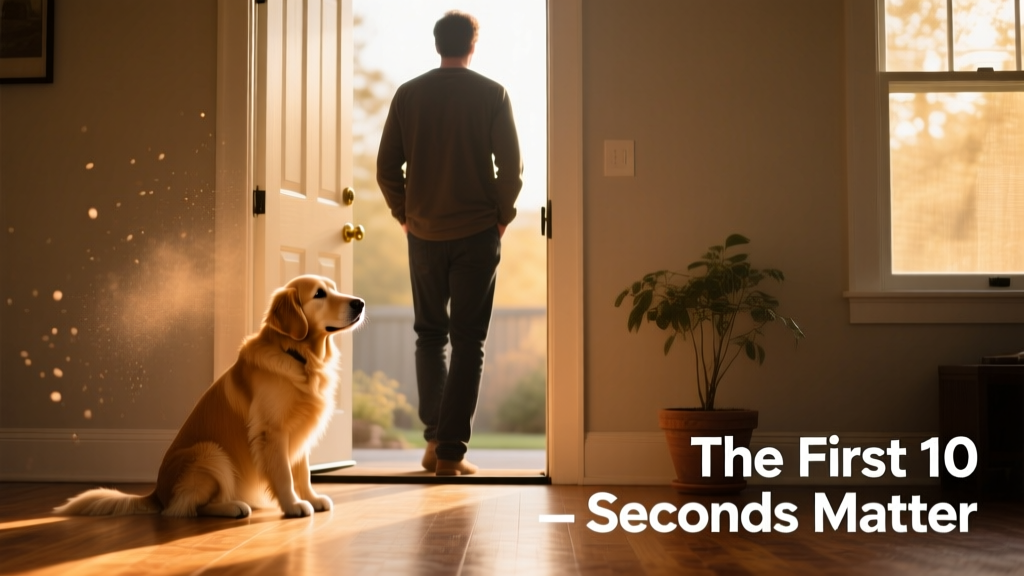 A calm dog sitting quietly near the front door while their owner enters without immediate interaction