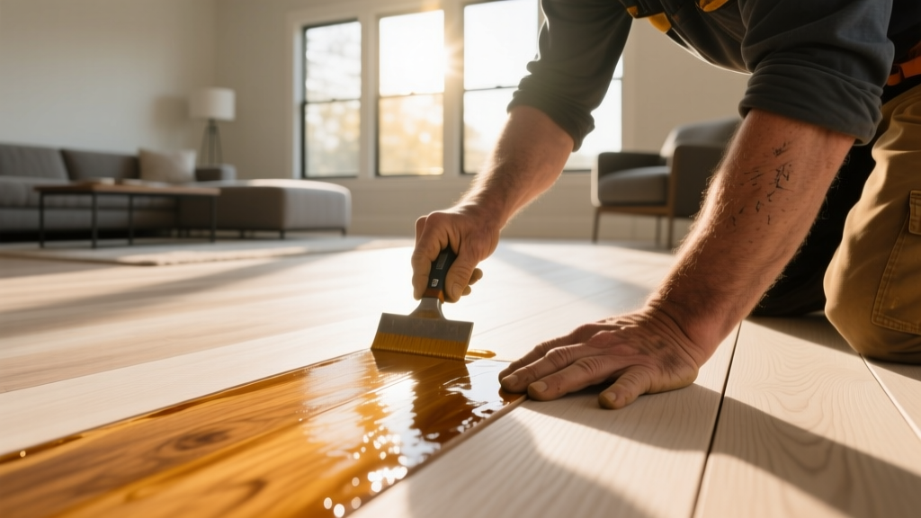 Close-up of a flooring contractor applying a matte hardwax oil finish to a wide-plank white oak floor in a sunlit modern living room