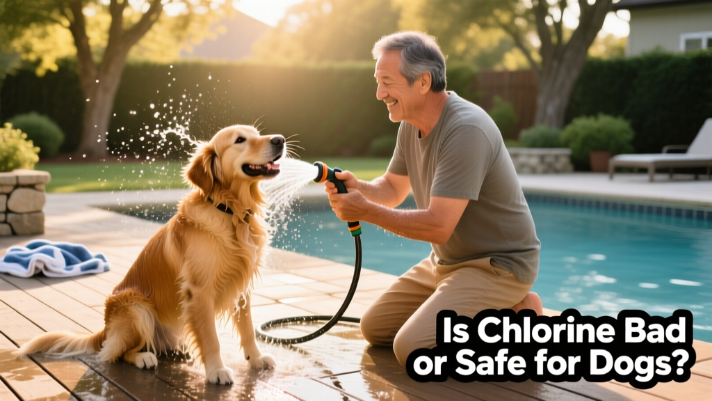 Dog owner using a handheld shower nozzle to rinse their dog’s coat after pool time