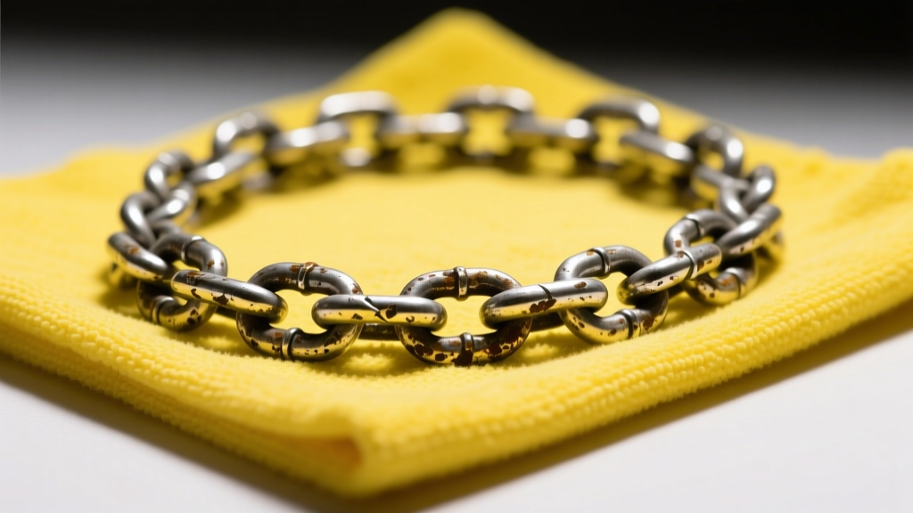 Heavily tarnished sterling silver chain resting on a bright yellow polishing cloth, studio lighting, high contrast macro shot.