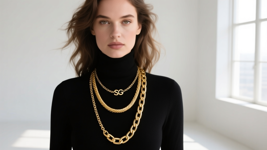 Model layering three gold necklaces, featuring a delicate SG chain, a medium cable chain, and a Cuban link over a dark turtleneck.