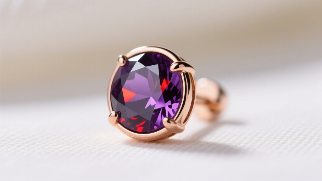 Macro shot of a single 18k rose gold bezel-set amethyst stud earring, highlighting the deep purple hue and red flashes