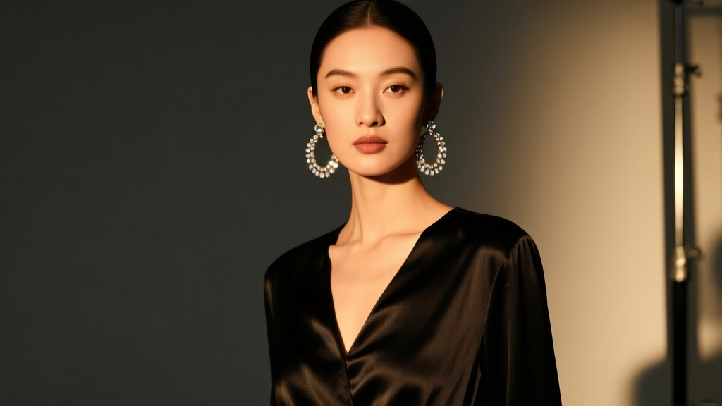 Woman wearing black silk top and vintage marcasite hoop earrings, highlighting moody metallic sparkle in warm dim studio lighting