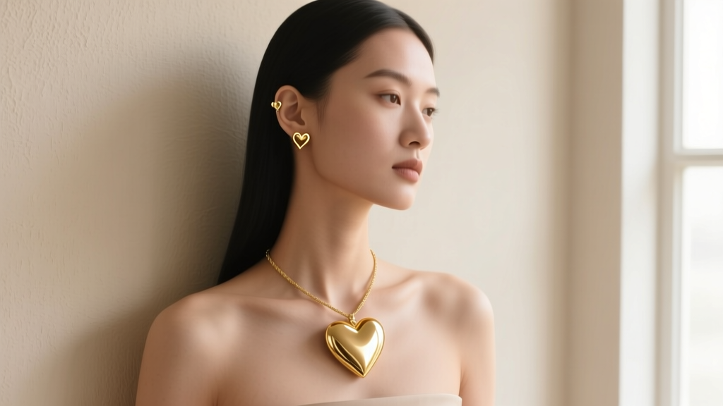 Model wearing tiny gold heart studs and a large heart necklace against a beige wall, lit by soft diffused natural window light.