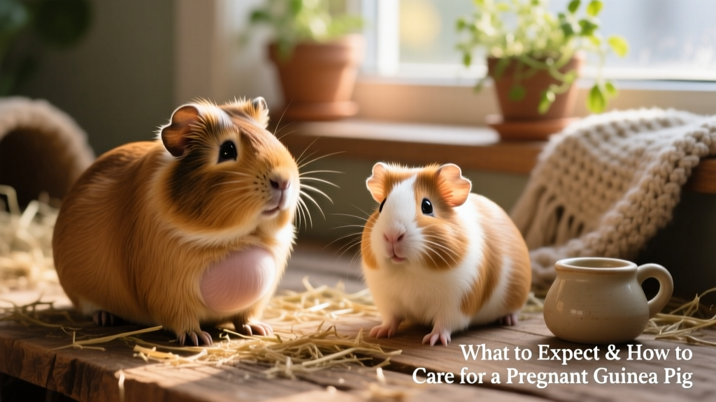 Side-by-side comparison showing a healthy pregnant guinea pig with a gently rounded abdomen versus a non-pregnant guinea pig