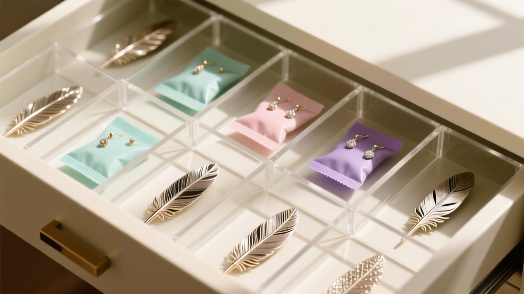 Overhead shot of a jewelry drawer showing acrylic compartments with silica gel packets storing delicate metal feather earrings.