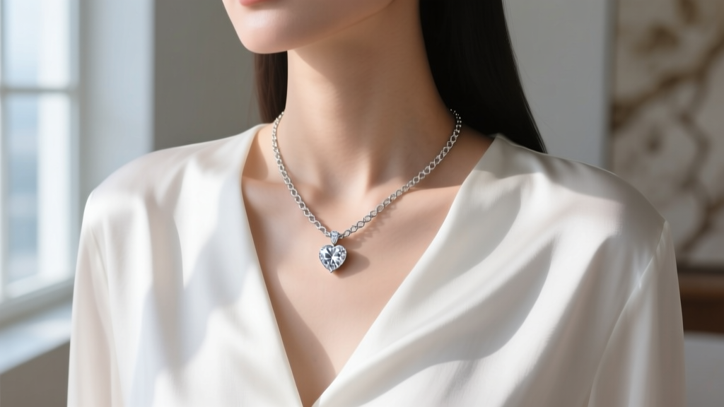 A delicate 16-inch box chain holding a diamond heart pendant, resting on the collarbone of a woman wearing a white silk blouse.