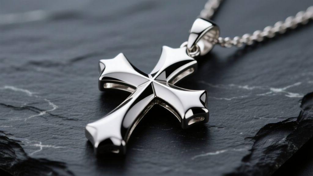 Close-up of a polished sterling silver eight-pointed cross pendant on dark slate, lit by soft directional studio lighting.