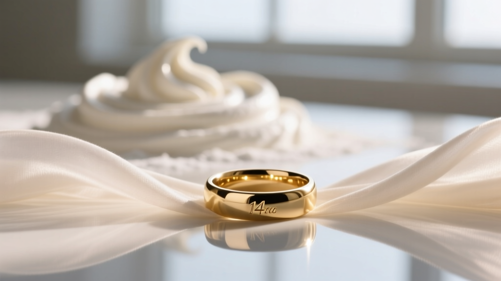 Soft cloth gently wiping a plain 14k gold wedding band, showing bright reflection, with a blurred baking soda paste behind it.