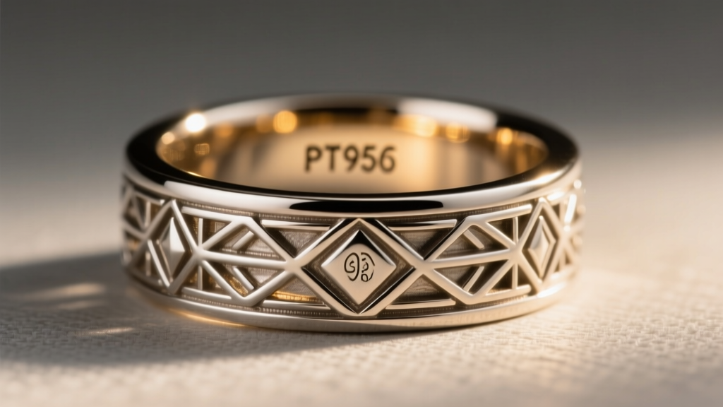 Macro photography of a vintage Art Deco platinum ring shank showing a crisp PT950 stamp and maker mark under a warm lamp.
