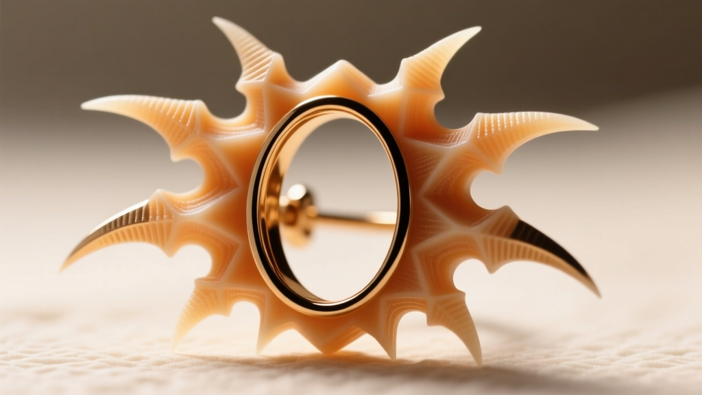 Macro view of a 3D printed wax model for the FFXI brutal earring, highlighting aggressive claw prongs and central oval bezel seat.