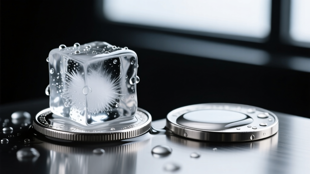Ice cube rapidly melting on a thick sterling silver coin, contrasted with a slow-melting cube on a stainless steel surface.