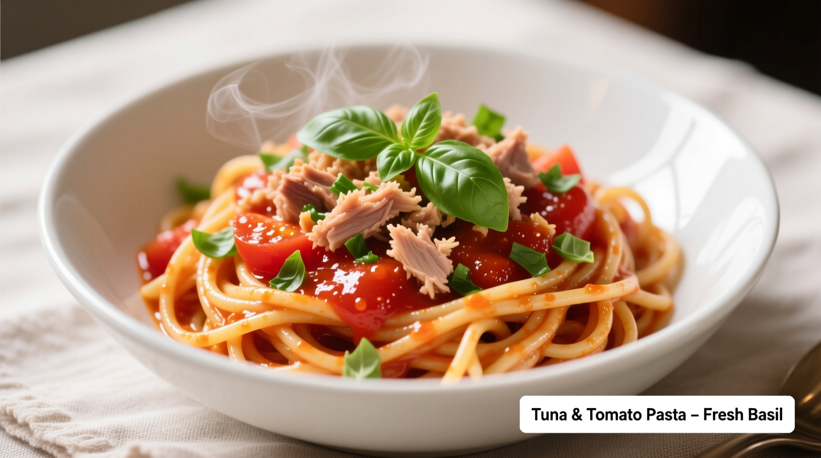 Tuna and tomato pasta in white bowl with fresh basil