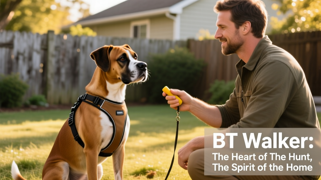 A BT Walker sitting attentively beside its owner during a training session, wearing a lightweight harness