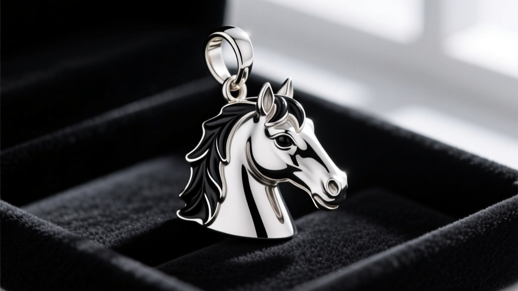 Macro of a 925 silver horse pendant with black enamel mane, secured by an 18-gauge jump ring, on a dark velvet jewelry tray.