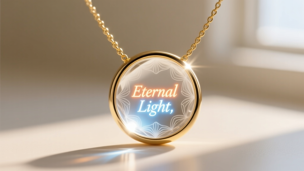 Close-up of a flashlight shining through a nano-carved glass projection stone in a gold necklace, revealing glowing hidden text.
