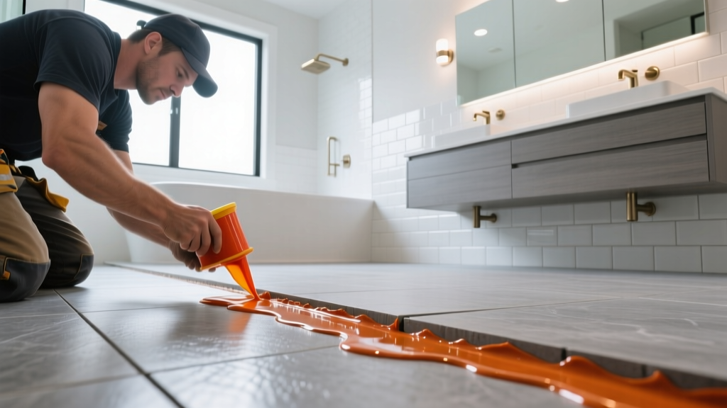 Contractor applying polyurethane sealant along the expansion gap of a gray stone plastic composite waterproof floor in a modern bathroom.