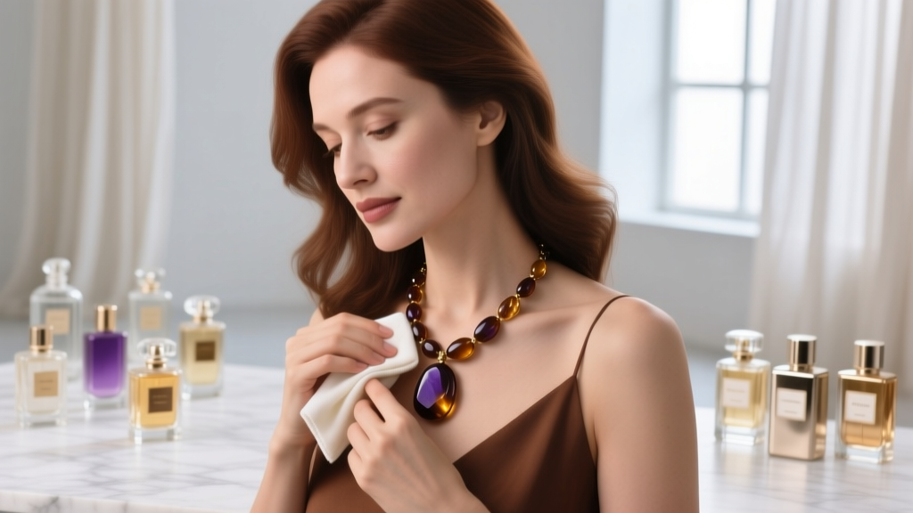 Woman gently wiping a smoky quartz brown stone necklace with a microfiber cloth, perfume bottles blurred in the background.
