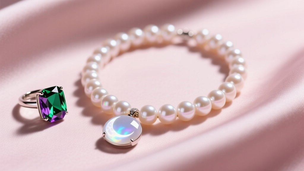 Macro of June birthstone jewelry: an Akoya pearl strand, an alexandrite ring, and a moonstone pendant resting on soft blush silk