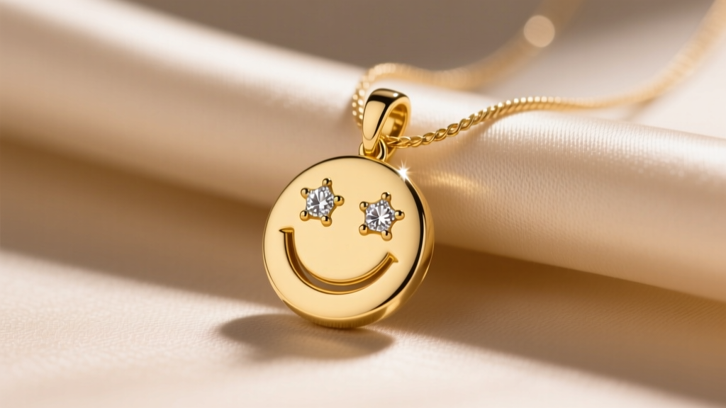 Close-up of a 14k yellow gold happy face pendant with diamond-set eyes resting on a delicate 1.2mm cable chain against soft beige silk