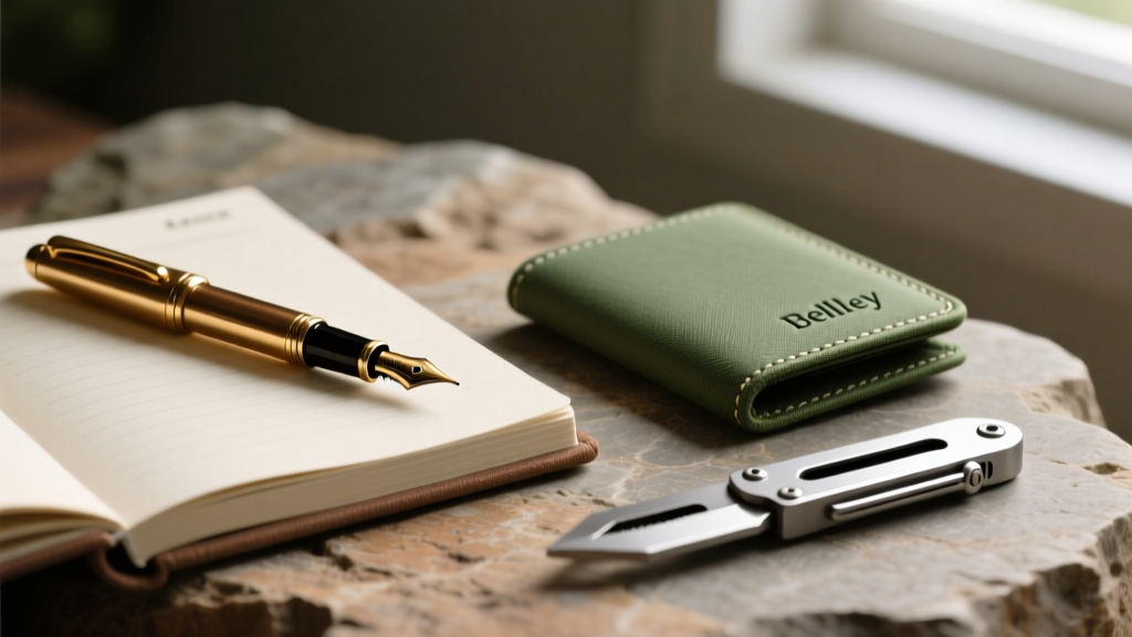 Writing with a brass pen in a Karst stone paper notebook next to a Bellroy recycled fabric bifold wallet and a titanium EDC pry bar.