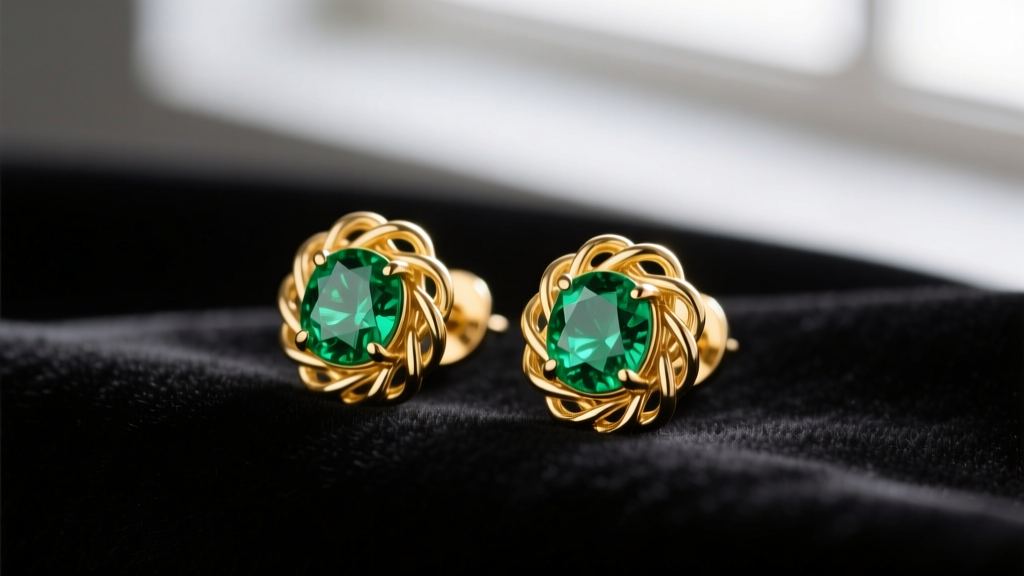 Macro shot of 14k yellow gold basket stud earrings with vibrant green natural emeralds resting on dark velvet fabric