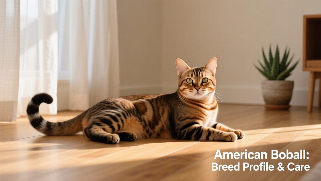 An American Bobtail cat lounging on a sunlit floor, showcasing its distinctive short tail and sturdy build