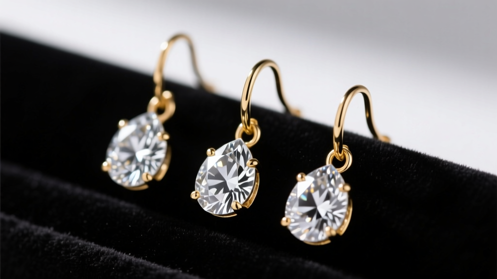Macro shot of 3-stone diamond drop earrings on black velvet, focusing on the delicate gold jump rings connecting the stones.