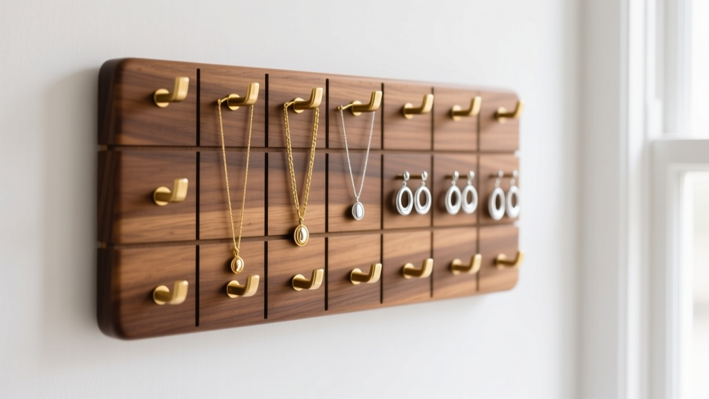 Wall-mounted wooden jewelry organizer with brass hooks displaying untangled gold necklaces and silver hoops against white drywall.