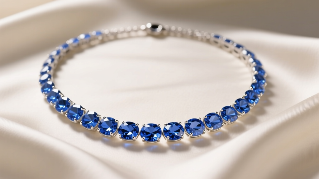 18-inch blue sapphire tennis necklace on cream silk, showing cornflower blue gems in platinum prongs under soft studio lighting