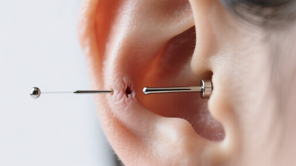 Clinical close-up showing three stages of earring back embedding in earlobe tissue, highlighting swelling and thin metal post size