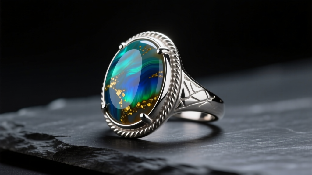 Polished Ocean Jasper cabochon in a textured sterling silver bezel ring on dark slate under soft warm directional lighting.