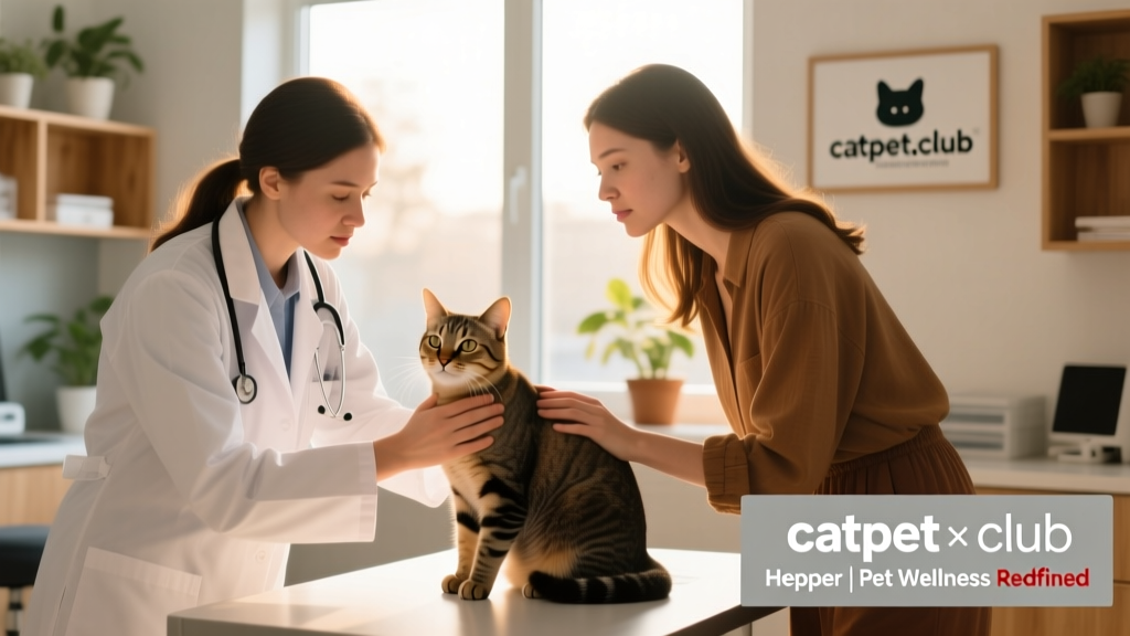 A veterinarian consulting with a client while gently examining a calm, seated cat during a wellness check